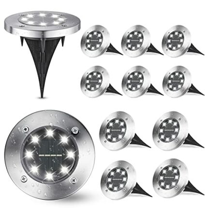 Joomer Outdoor Solar Garden Lights, Solar Powered Ground White Lights Outdoor Waterproof Garden Lights with 8 LED Solar Disk Lights for Pathway Y