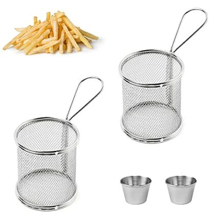 DECARETA Chip Serving Frying Baskets 2 Pcs Mini Chip Baskets with 2 Cups,Chef Chrome Fry Basket Set,Stainless Steel French Fry Cooking Tapas Food