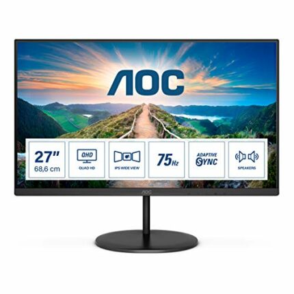 AOC Q27V4EA - 27 Inch QHD Monitor, 75Hz, 4ms, IPS, Adaptive Sync, Speakers, FlickerFree (2560x1440 @ 75Hz, 250cd/m², HDMI 1.4 x 1, DisplayPort 1.