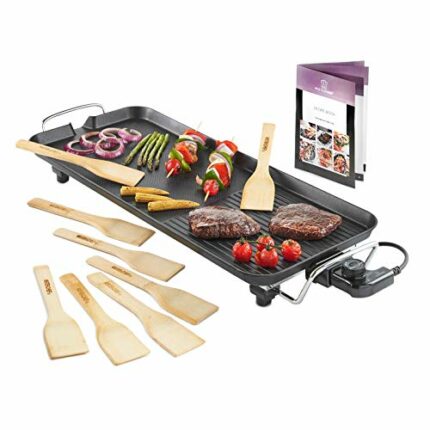 MisterChef XL Teppanyaki Grill - Electric BBQ Table Top Grill with Adjustable Temperature Control and 8 Spatulas - 1800W - Free Recipe Book Enclo
