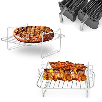 2Pcs Air Fryer Rack, 304 Stainless Steel Grilling Rack with 4 Barbecue Sticks, Air Fryer Rack for Double Basket Air Fryers Accessories