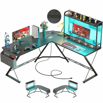 Cyclysio L Shaped Desk with Hutch, Reversible L-Shaped Gaming Desk with LED Lights and Power Outlets, Corner Computer Desk Gaming Desk with Stora