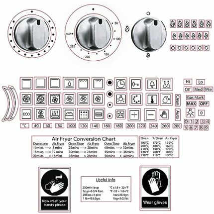 Arqi UK 100pcs Oven Stickers Replacement Black on Transparent, Fits Conventional and Microwave ovens, Air Fryer Conversion Charts