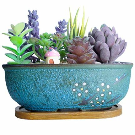 ARTKETTY Ceramic Succulent Plant Pots，20 CM Rectangular Bonsai Pot with Drainage Hole Small Glazed Flower Cactus Plant Container, Home Garden Win