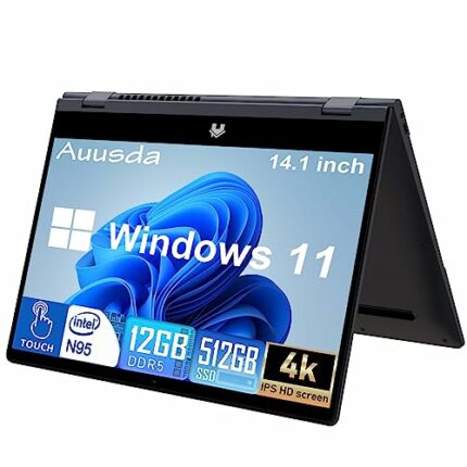Auusda Laptop 14.1''4K Touchscreen 2-in-1 Laptop PC Windows 11Pro Intel N95 with 3.4GHz High Speed 12G RAM DDR5 512GB NVME SSD, 360° Rotation Fin