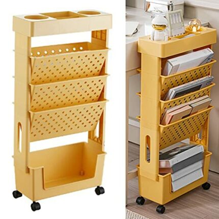 Algado Mobile Bookshelf, Moveable Bookshelf Organizer with Wheel Movable Bookshelf Compact Size Plastic Material Multilayer Capacity for Home(Ora