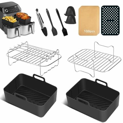 Silicone Air Fryer Liner, Set of 11 Air Fryer Accessories for Ninja Dual Air Fryer AF300UK AF400UK 7.6L-9.5L, Air Fryer Liners & Rack, Silicone O