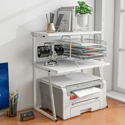 Fumingpal Desktop Printer Stand, 3 Tiers Printer Shelf for Desk, Multi-Purpose Desktop Hutch Perfect for Home Office Living Room Kitchen (White)