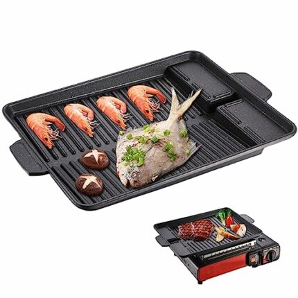 1PC Grill Plate 14.57x10.24 Inch BBQ Grill Rack Grill Non-Stick Cast Iron Griddle Plate Attachment with Handle for Camping Gas Stove, Electric Ho