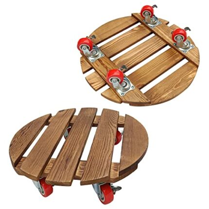 2 Pack Plant Caddy Wooden 30 CM Plant Stand with Wheels Heavy Duty 150KG Capacity, Rolling Plant Stand Round Potted Dolly Rollers Cart with Metal