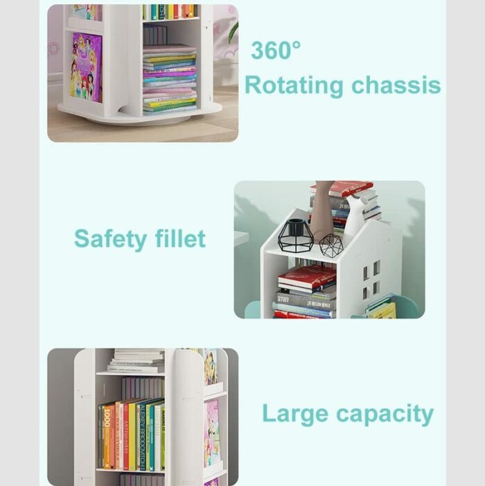 DINGZZ Bookshelf 360° Rotating Cartoon Books Rack Floor Simple Book Shelf for Home Bookcases Furniture Book Rack