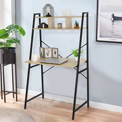 RJRong Table Desk Office Black Metal Laptop Look Computer Ladder Frame Wood Industrial Furniture (Khaki)