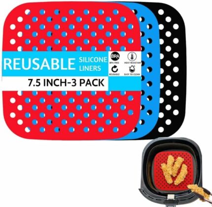 Reusable Silicone Air Fryer Liners,3 Pack 7.5 Inch Square Non-Stick Air Fryer Mats,100% Food-Grade, Easy Clean Air Fryer Accessories for Cosori,G