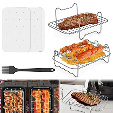 2Pcs Air Fryer Rack, Ninja Air Fryer Accessories for Dual Air Fryers, Multi-Purpose 304 Stainless Steel Double Layer with Oil Brush and Air Fryer