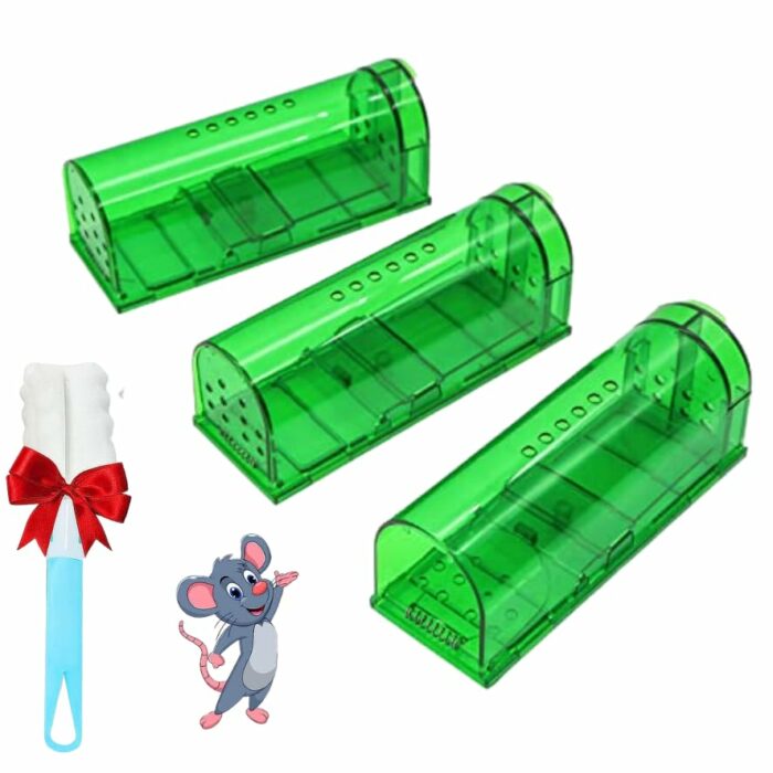 UFLIX 3pcs Humane Mouse Traps, Reusable Mouse Trap for Indoors and Outdoors With Cage Brush, Rodent Trap High Sensitive No Kill