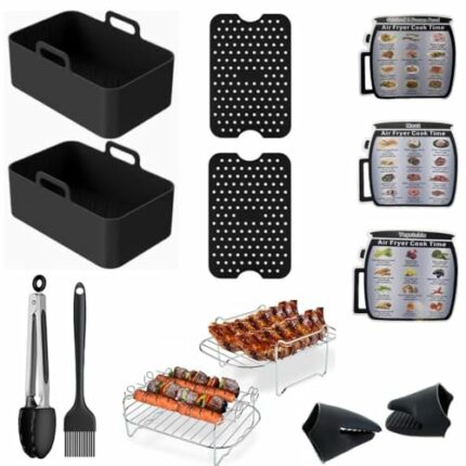 Air Fryer Accessories, Set of 13pcs, 2 Reusable Silicone Liner & Pot, Silicone Gloves, 2 Stainless Steel Grilling Rack with 4 Skewer etc. For Nin