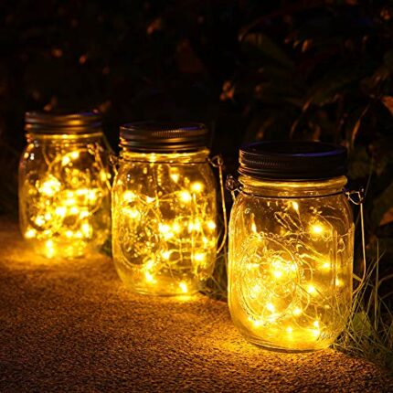 3 Pack Solar Mason Jar Lights,30 LED Water-Proof Outdoor Solar Lanterns,Garden Lights,Hanging Lights for Outside,Wedding, Party, Bar, Garden,Chri