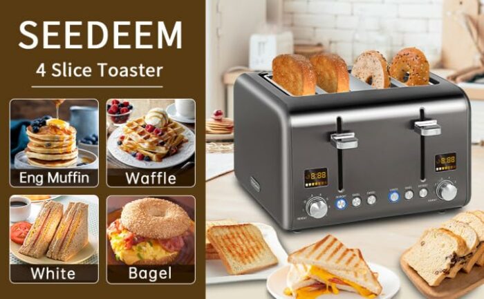 SEEDEEM 4 Slice Toaster, Stainless Steel Bread Toaster with LCD Display, 7 Shade Settings, Extra Wide Slots with Cancel/Bagel/Defrost/Reheat Func