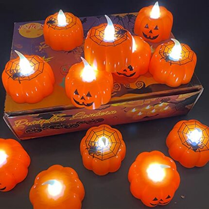 KINMRIS 12Pcs Halloween LED Tealight Candles Set 3D Pumpkin Flameless Candle Light Battery Operated Warm White Flickering Indoor and Outdoor Part