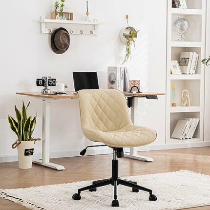 YOUNUOKE Home Office Chair Faux Leather Ergonomic Armless Desk Chair with Backrest Swivel Task Chair for Home Bedroom Living Room, Beige
