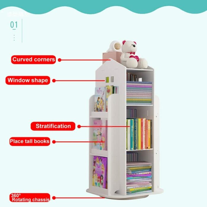 DINGZZ Bookshelf 360° Rotating Cartoon Books Rack Floor Simple Book Shelf for Home Bookcases Furniture Book Rack