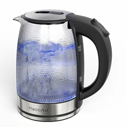 Haooair 1.8 liter Glass Kettle with Blue LED, Easy to Clean Electric Kettle, Fast Boil Quiet, BPA-Free, Boil-Dry Protection, 1200 Watts, Black