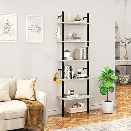 Bestier 70" Industrial Wall-Mounted Ladder Shelf 5 Tier Bookshelf with Storage Organizer Plant Flower Display Stand Round Tube Bookcase Rack with
