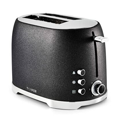 Tower Glitz T20029 2 Slice Metal Toaster with Adjustable Browning Control, Defrost and Reheat Settings, Black