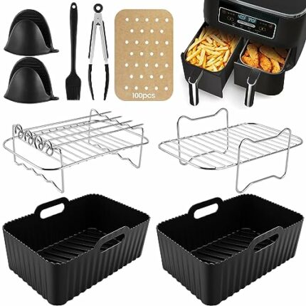 Silicone Air Fryer Liner | 9 PCS Air Fryer Accessories for Ninja Dual AF400UK & AF300UK & Tower T17088 | Reusable Air Fryer Liners & Air Fryer Ra