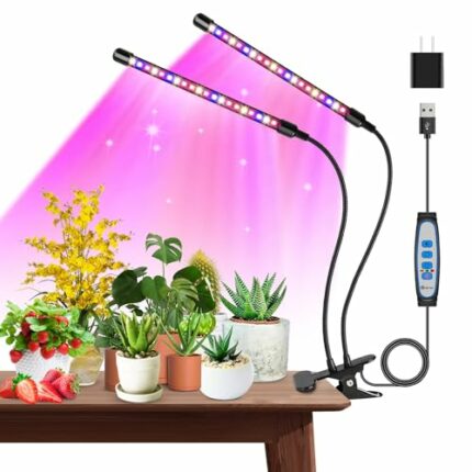 Garpsen Grow Lights for Indoor Plants, 40 LEDs Full Spectrum Led Grow Light, 2 Heads Clip Plant Light for Seedings, with Auto ON/Off 6/12/16H Tim