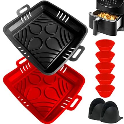 moleath 2023 Upgrade 22CM Silicone Air Fryer Liners, Reusable BPA-Free Air Fryer Accessories with 2PCS Airfryer Liners & Oven Mitts, 5 Muffin Cup