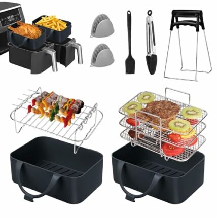 Air Fryer Accessories, Set of 9 for Ninja Dual AF300UK AF400UK Including Silicone Air Fryer Liner & Dual Air Fryer Racks & Gloves etc Dual Air Fr