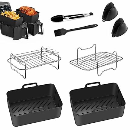 Immver Air Fryers Accessories for Ninja Dual Air Fryers AF300UK AF400UK, Set of 8, 2 Reusable Silicone Air Fryer Liners, 2 Air Fryer Rack with 4