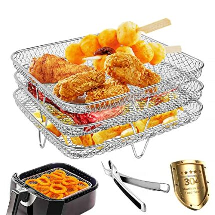 SBUENAM 3 PCS Air Fryer Rack,8 Inch Air Fryer Rack Square,Tower Stackable Square Air Fryer Accessories5.5l,304 Stainless Steel Multi-Layer Dehydr