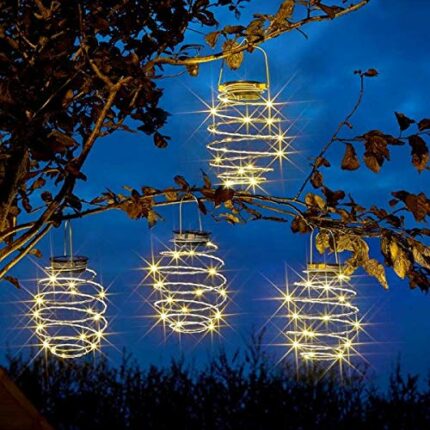 Garden Mile White Solar Powered LED Garden Ornaments Outdoor Lantern Lights with Spiral Effect - Hanging Copper LED Solar Lanterns for Party, Wed