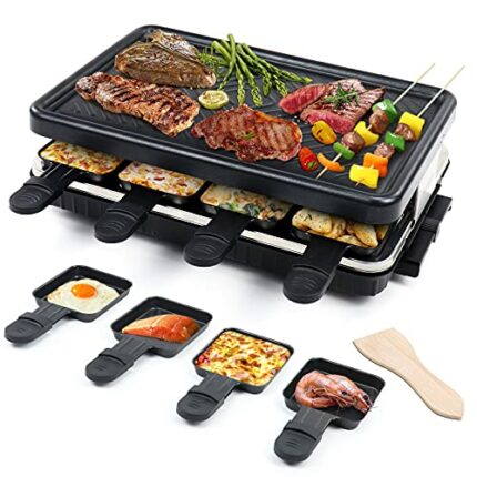Raclette Grill 8 People Non-Stick Coating Electric Grill Machine with 8 Mini Raclette Pans and 4 Wooden Spatulas Electric Barbecue Grill Health L