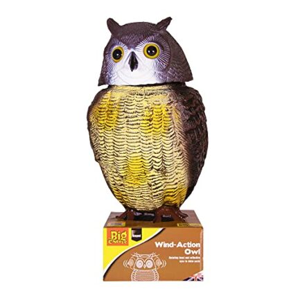 The Big Cheese Wind-Action Owl Realistic, Humane Decoy Deterrent, Scares Birds from Gardens, Boats, and Vulnerable Buildings with Rotatable Head