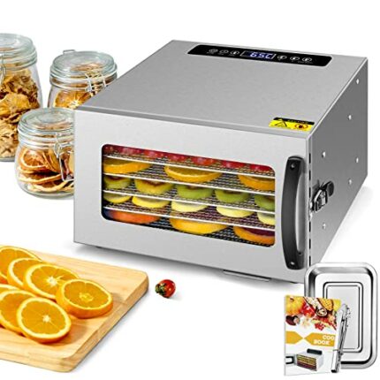 Kwasyo Stainless Steel Food Dehydrator, 6 Tray Fruit Dryer Machine with Free Recipe Book, BPA-Free, 30~90℃ Temperature Setting, Max 24h, Dehydrat