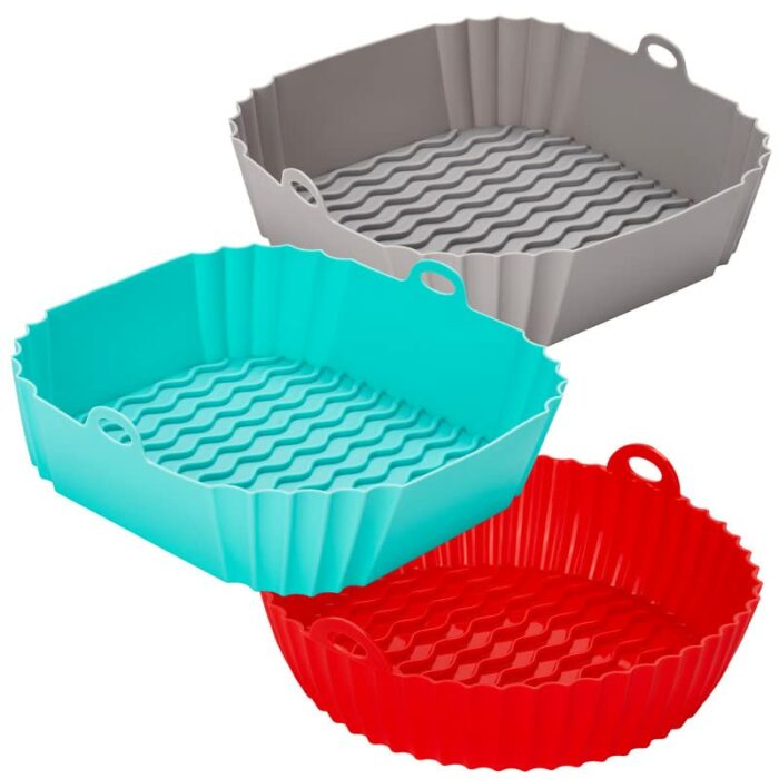 Siliz Air Fryer Silicone Liners, 3 Pack Reusable Silicone Airfryer Liners Tray | Replacement for Disposable Parchment Paper Liner | 2 Square and