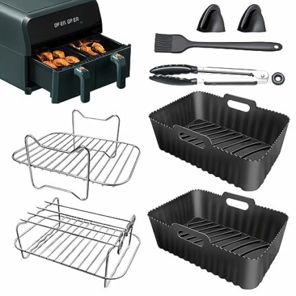 Air Fryer Accessories Set of 8 PCS with Reusable Silicone Air Fryer Liner, Dual Air Fryer Rack, Oil Brush, Skewer, Food Clip, Silicone Glove, Kit