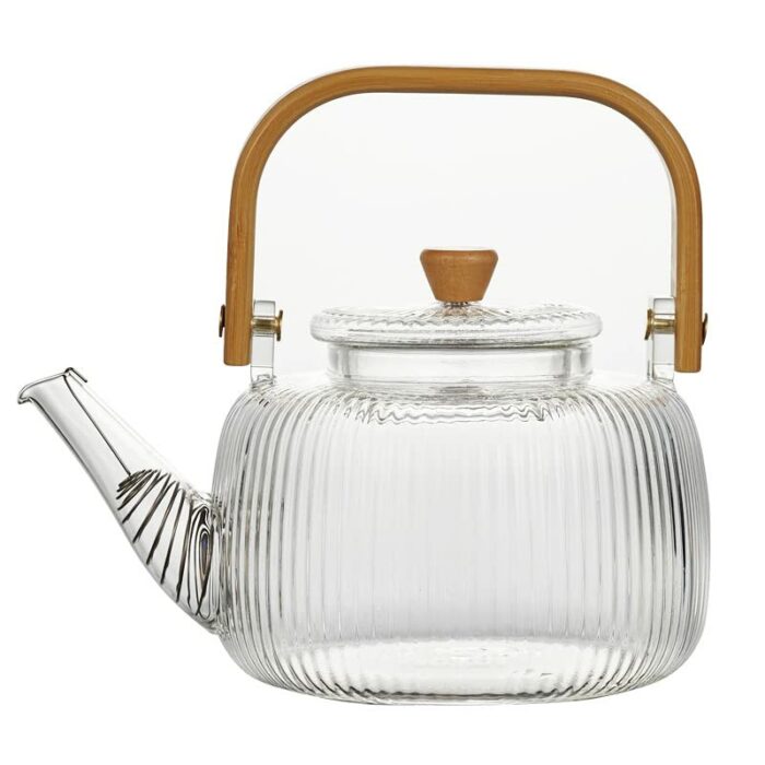 Cosy-YcY 1000ml Glass Teapot with Glass Infuser, Teapot with Filter Coil for Loose Tea, Safe On Stovetop, Tea Pot with Bamboo Handle (1000ml Glas