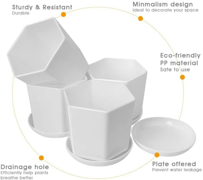 WAIZHIUA 6Pcs 9cm Plastic Flower Pots, Small Hexagon Resin Flower Planter Garden Flower Plant Container with Tray for Succulent Cactus Herb Home