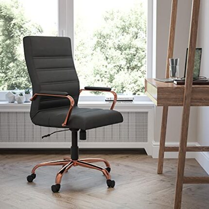 EMMA + OLIVER High Back Black LeatherSoft Executive Swivel Office Chair - Rose Gold Frame/Arms