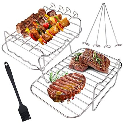 Aohcae Air Fryer Rack, 304 Stainless Air Fryer Shelf with 4 Skewers and Brush,Air Fryer Rack Compatible with Ninja Tower Dual AF300UK AF400UK Air