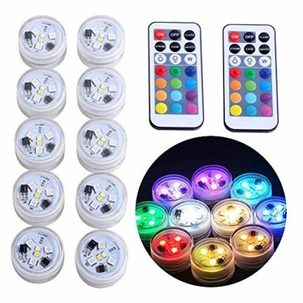 10pcs Submersible LED Lights Tea Lights Candle, RGBW Color Changing with Remote, CR2450 Battery Operated, Waterproof for Pond, Fountain, Paper La