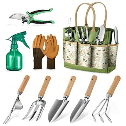 Grenebo Gardening Tools, 9-Piece Heavy Duty Gardening Hand Tools with Fashion and Durable Garden Tools Organizer Handbag,Rust-Proof Garden Tool S