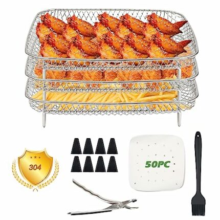 MaxEarn 7Pcs Heightened Air Fryer Rack with Stainless Steel Clips, Oil Brush and Greaseproof Papers, Square Stackable Layered Dehydrator Racks fo