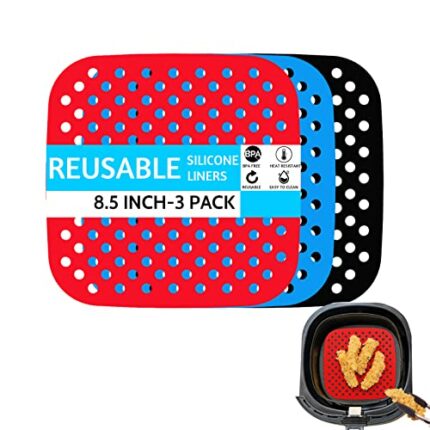 Air Fryer Liners,3 Pack 8.5 Inch Square Non-Stick Reusable Silicone Mats,100% Food-Grade, Air Fryer Accessories for NINJA,Gourmia,Power XL & More
