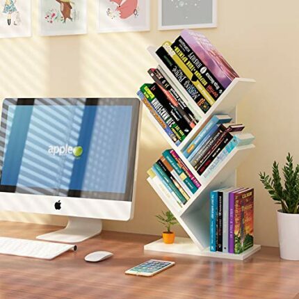 WAYERTY Tree Desktop Bookshelf Storage Rack,standing Book Organizer Shelf Simple Open Study Organizer Bookcase Office Home Decor Space White 31x1