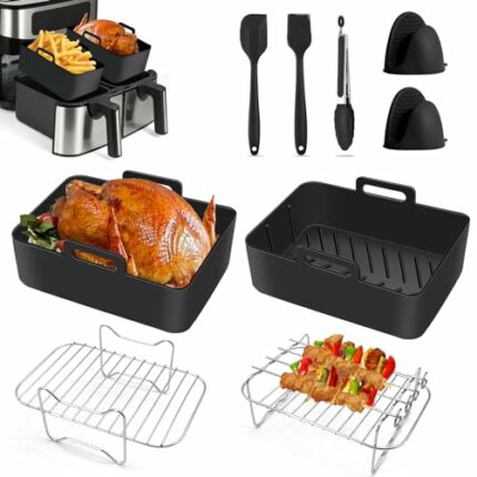 Air Fryer Accessories,Set of 9 for Ninja Dual Air Fryer AF300UK AF400UK,Reusable Silicone Air Fryer Liners&Air Fryer Rack&Food etc TongDual Air F